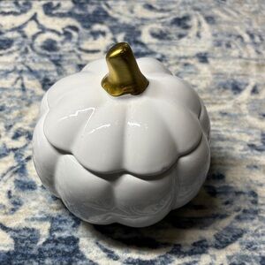 White Ceramic Pumpkin Container with Gold Accent